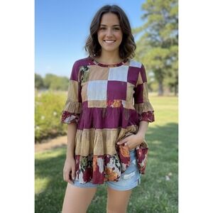 Indigo Thread Co Patchwork Ruffled Sleeve Tiered Tunic Shirt, Fall Colors, XS